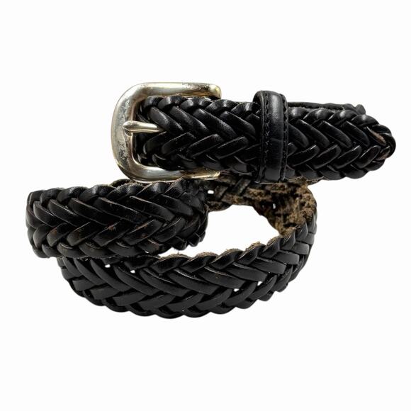 VTG BRIGHTON LEATHER WOVEN BELT WESTERN BOHO CLASSIC PREPPY BLACK SILVER SZ 28 - Picture 1 of 5